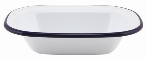 16cm White Enamel Rectangular Pie Dish with Blue Rim