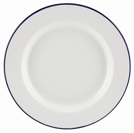 26cm White Enamel Wide Rim Plate with Blue Rim