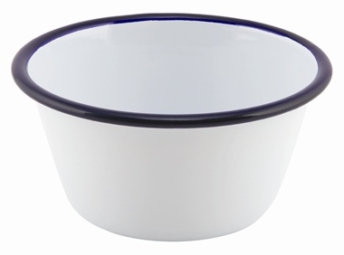 12cm White Enamel Round Pie Dish with Blue Rim