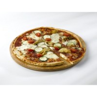 Round wooden board with pizza