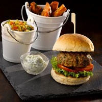 Gun Skewer used with Burger on slate with Porcelain Chip Buckets